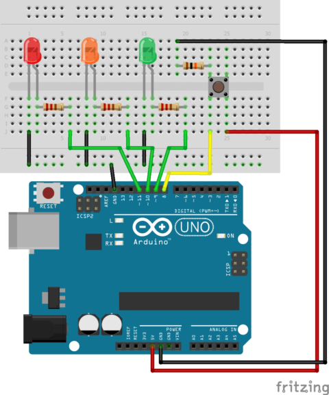 Control 3 LEDs with Arduino and one pushbutton • AranaCorp