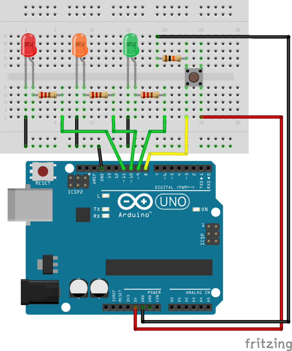 Controle 3 LED con Arduino y un botón • AranaCorp