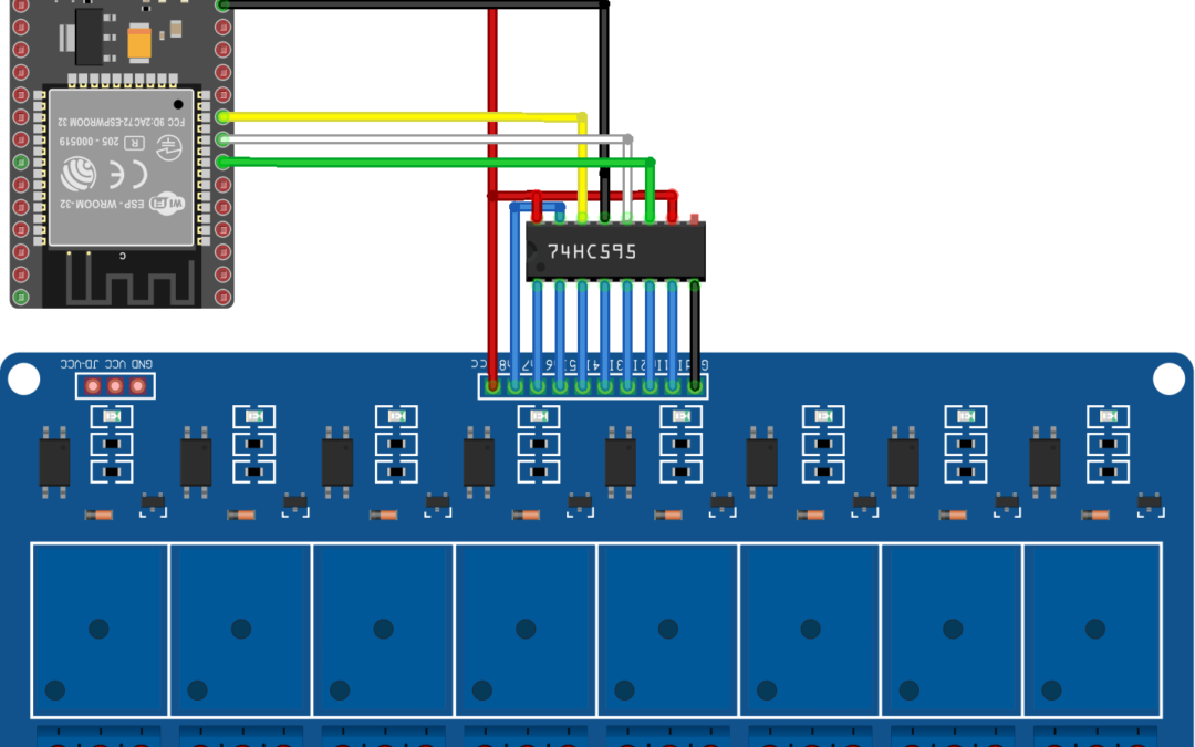 8 relay module driven by a shift register 74hc595 and NodeMCU ESP32