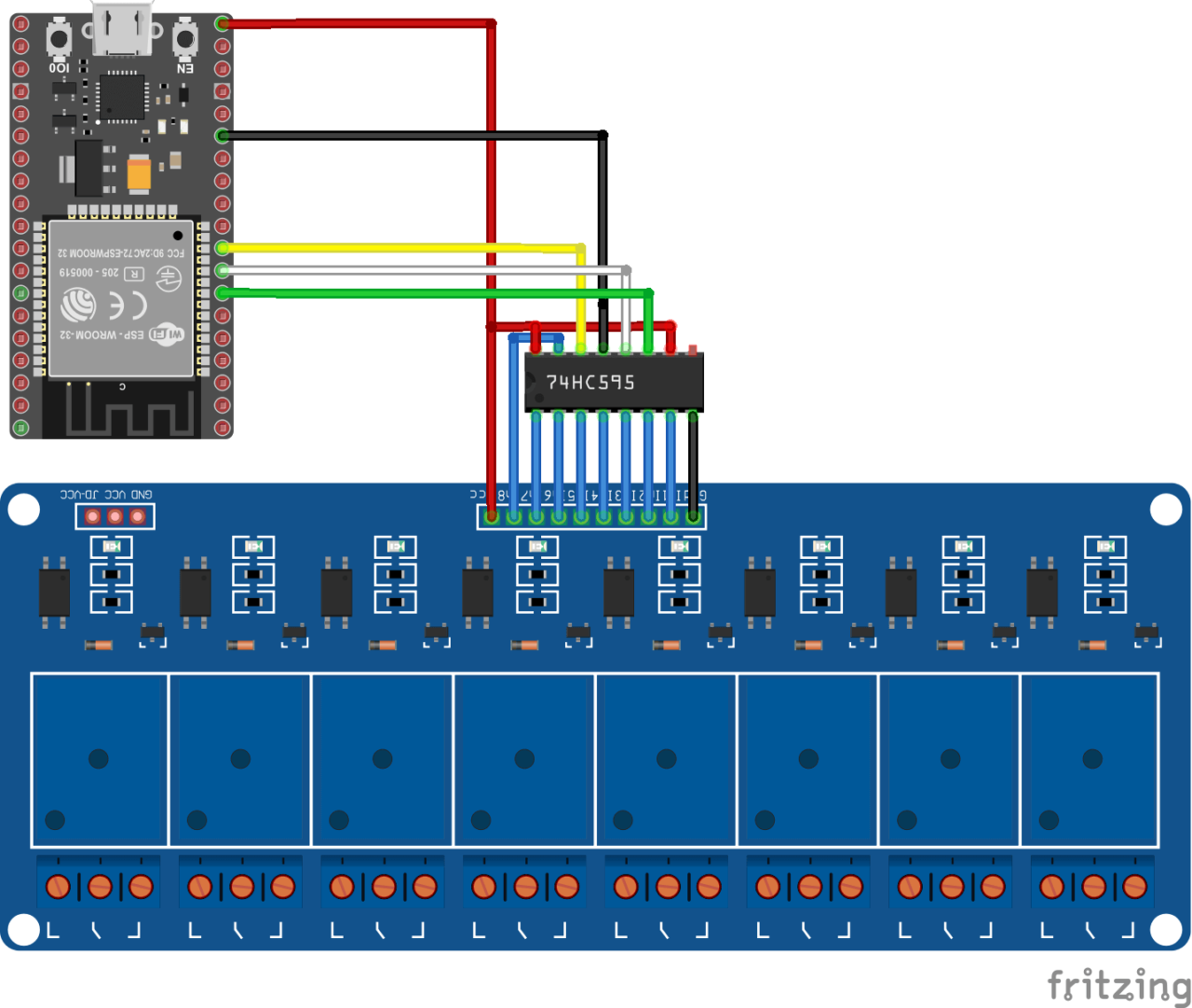 NodeMCU32S ESP32, shift register 74HC595 and 8 relays module schematics