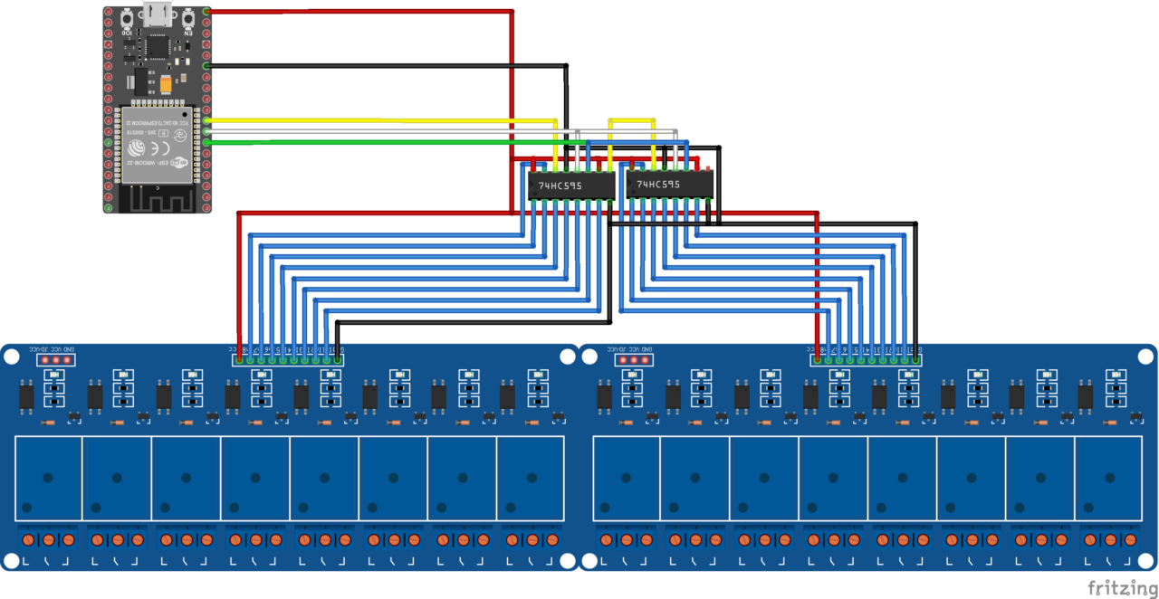 NodeMCU32S ESP32, shift registers 74HC595 and 16 relays module schematics