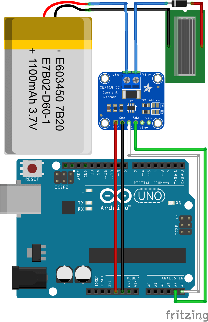 Schéma de connexion entre batterie LiPo Arduino, capteur INA219 et panneau solaire