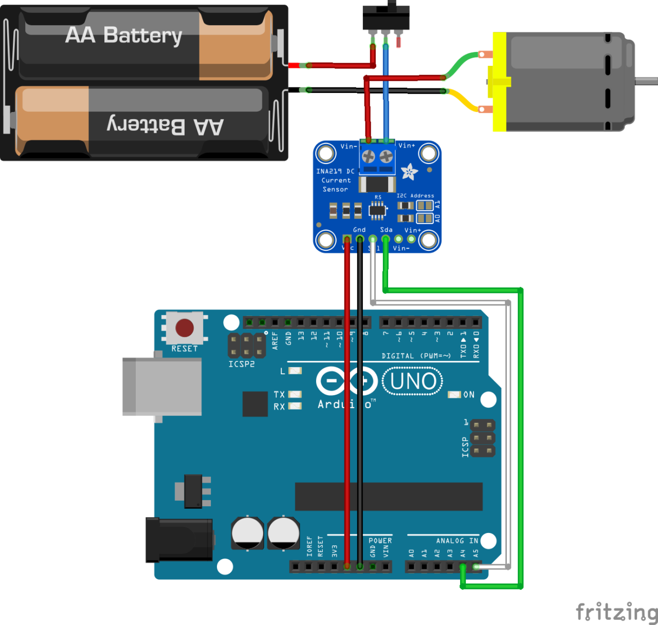 Schéma de connexion entre Arduino, INA219, moteur et source d'énergie