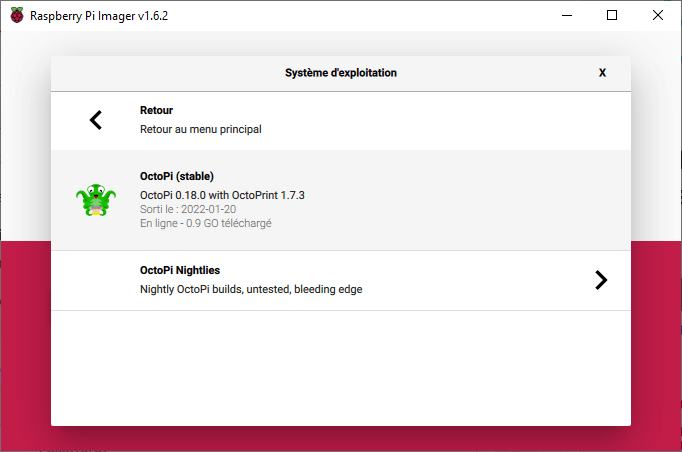 raspberry-pi-imager-octopi-stable Installer OctoPi sur Raspberry Pi