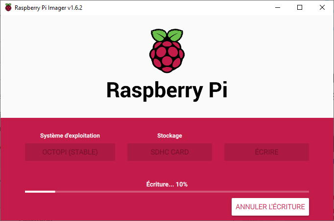 raspberry-pi-imager-write Installer OctoPi sur Raspberry Pi