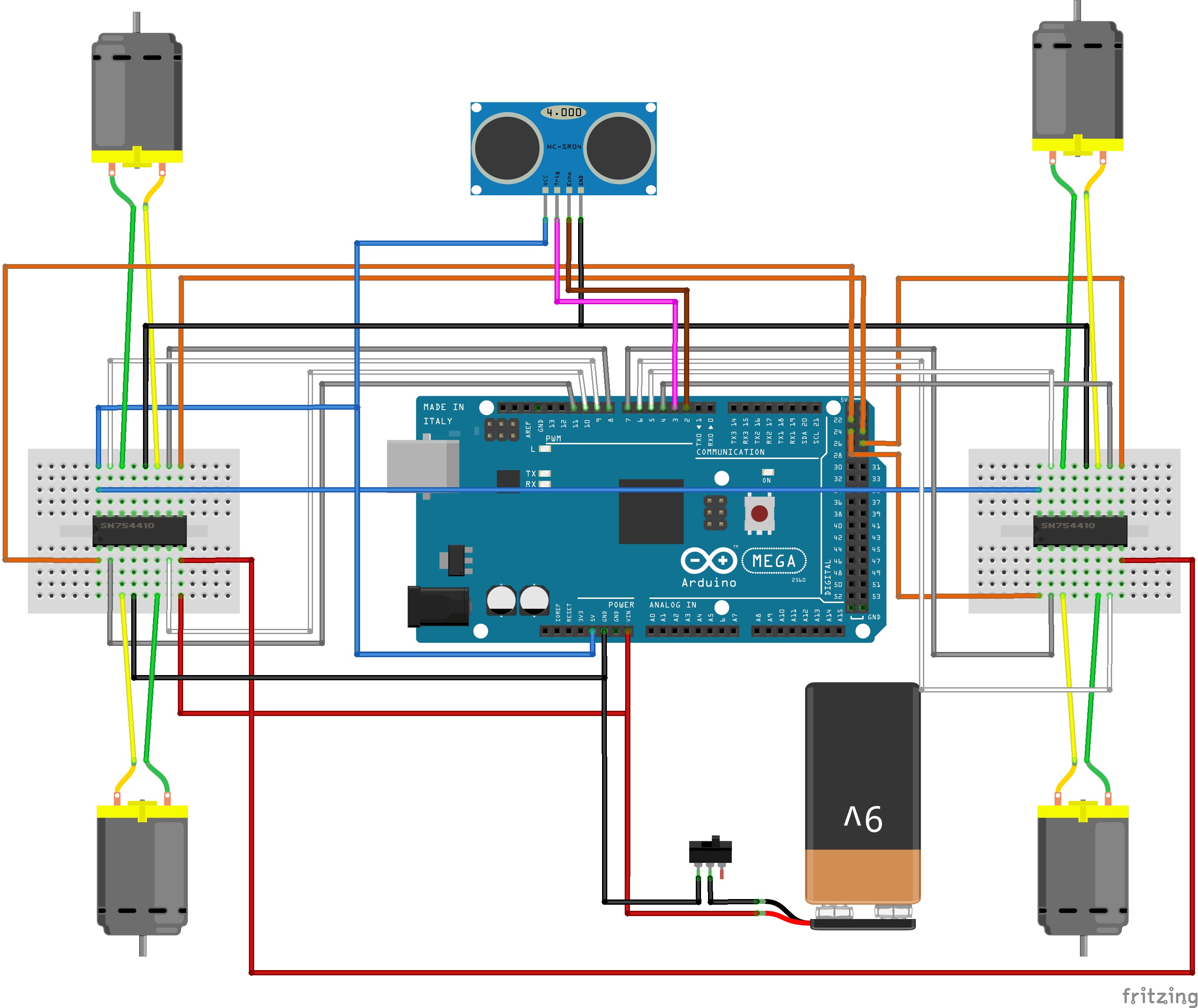 schéma de câblage du robot autonome rovy avec arduino mega et capteur de distance à ultrasons