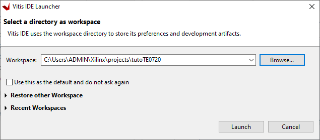 vitis-select-workspace Get started with TE0720 and Xilinx Vivado